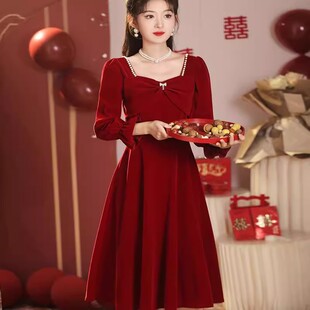 2026新款敬酒服新娘秋冬长袖丝绒订婚礼服连衣裙酒红色大气回门服