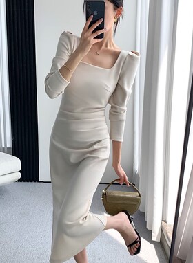 方领连衣裙女米白色长裙子伴娘服