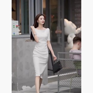 高级感赫本风高端正式场合气质名媛御姐职业通勤白色连衣裙子女夏