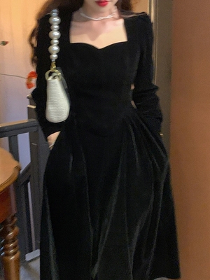 晚礼服方领金丝绒连衣裙女秋冬