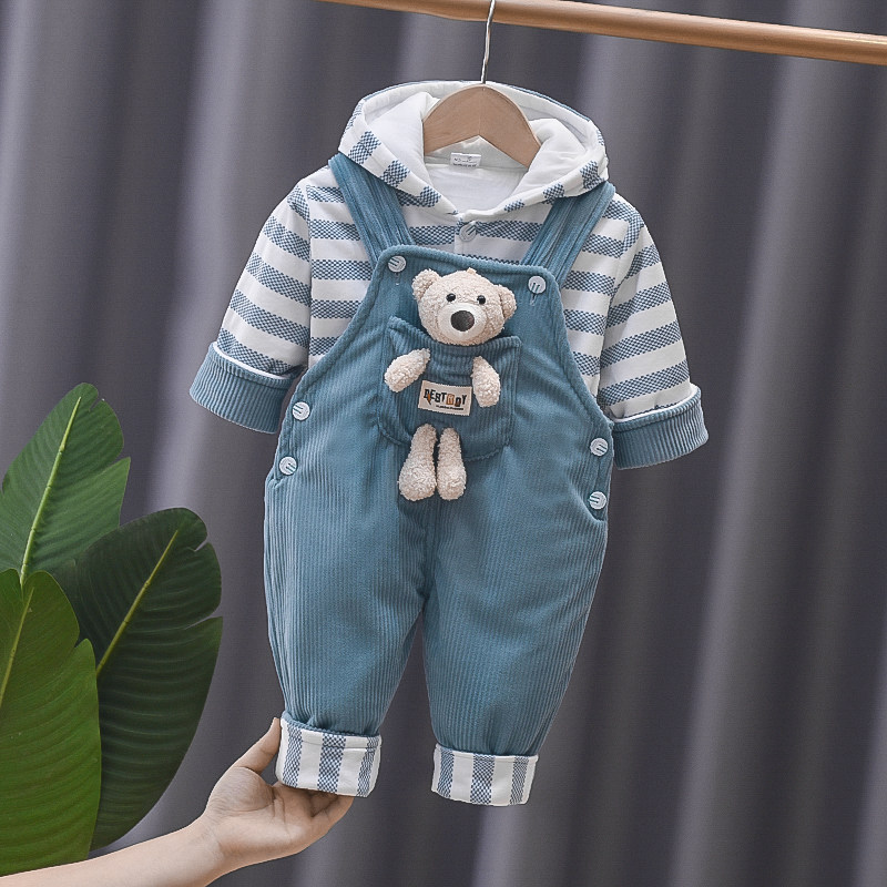 男女宝宝秋冬夹棉小熊灯芯绒背带裤套装0-1-2岁小童装棉衣外出服