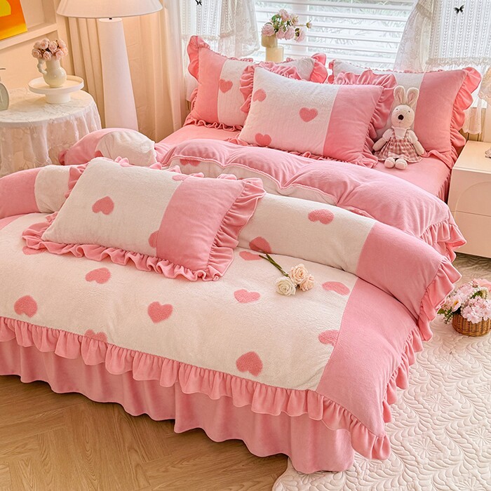 加厚牛奶绒小清新韩版花边四件套法兰绒被套床裙款双面绒床上用品