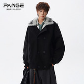 胖胖哥拆卸毛领加棉毛呢大衣男春季 加厚宽松大码 设计感风衣外套潮