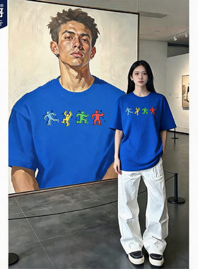 胖胖哥美式雀跃简笔人男士短袖T恤夏季大码纯棉宽松五分袖半袖潮