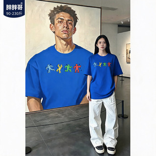 胖胖哥美式雀跃简笔人男士短袖T恤夏季大码纯棉宽松五分袖半袖潮