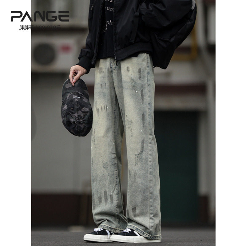 胖胖哥美式涂鸦泼墨水洗牛仔裤男春季街头宽松做旧弯刀休闲长裤潮,男装,牛仔裤,淘宝优惠券,粉丝福利购,淘宝优惠卷