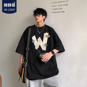 胖胖哥230g重磅黑色短袖 设计感小众七分袖 t恤男夏季 潮牌宽松大码