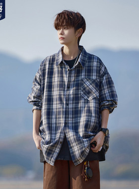 胖胖哥美式蓝色复古格子衬衫男春季学院风少年感高街休闲衬衣外套