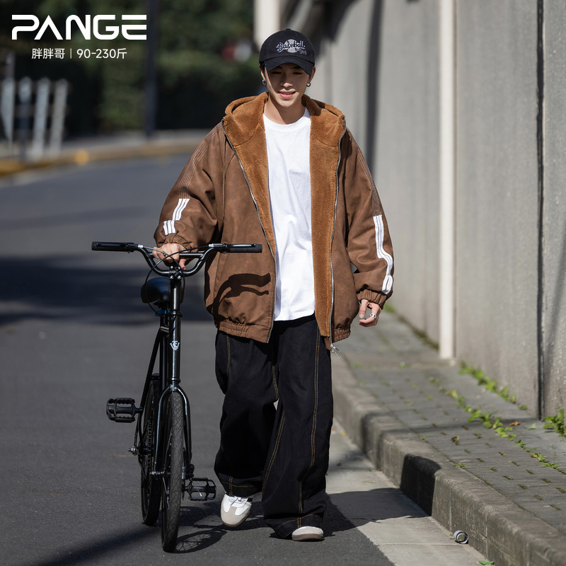 胖胖哥美拉德三条杠连帽棉服外套男冬季加绒大码美式羊羔绒棉衣