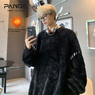 宽松圆领休闲针织衫 高级感大码 上衣 仿水貂绒毛衣男秋季 胖胖哥美式