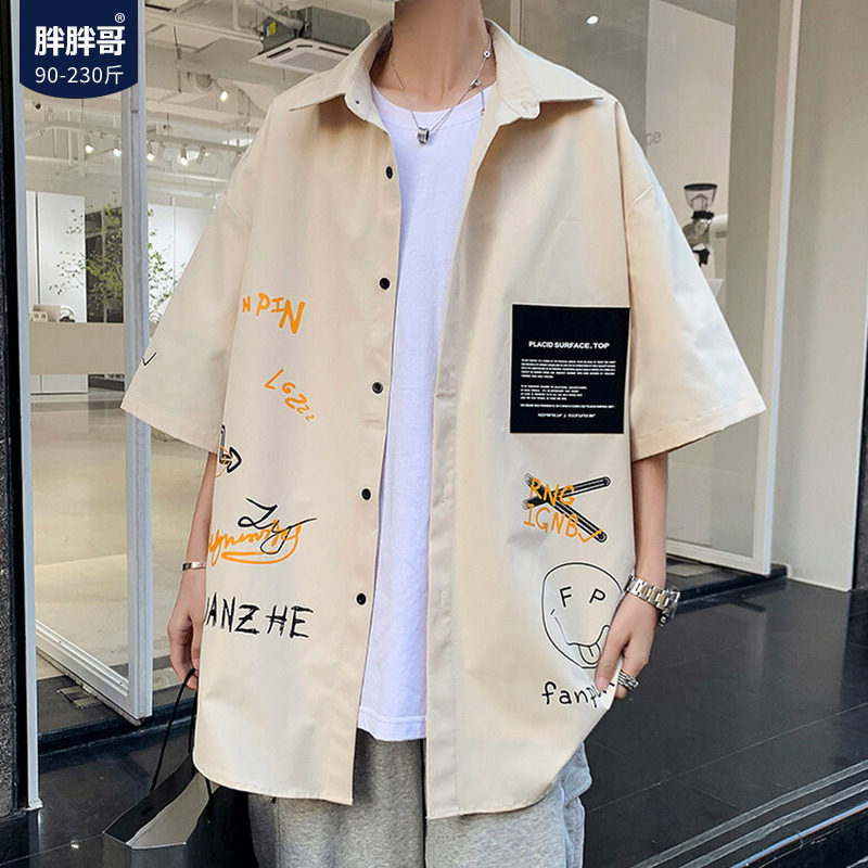 胖胖哥日系字母涂鸦短袖衬衫男2026夏季大码宽松衬衣痞帅休闲外套图片