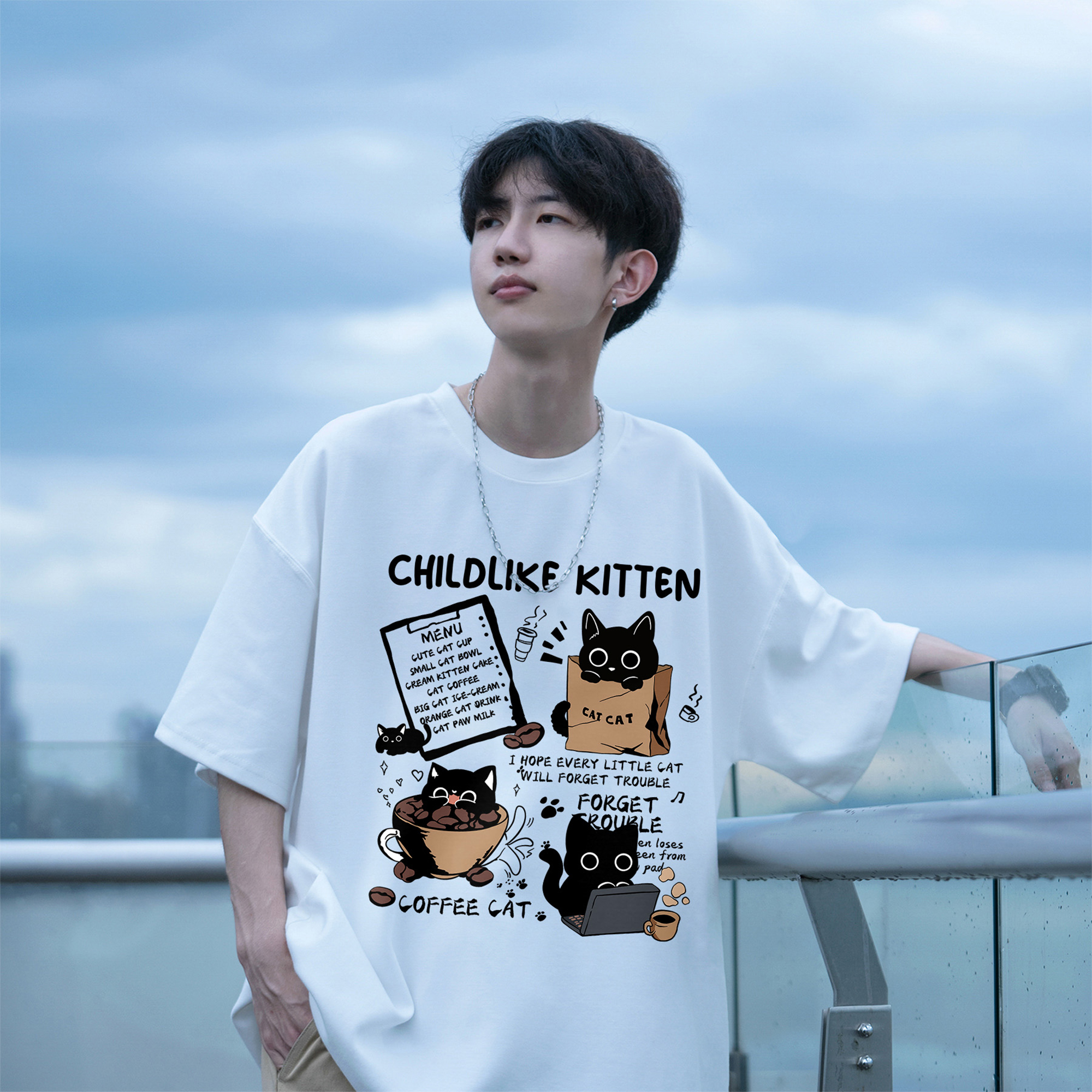 胖胖哥2025新款纯棉卡通猫咪印花短袖百搭T恤男夏季大码宽松上衣