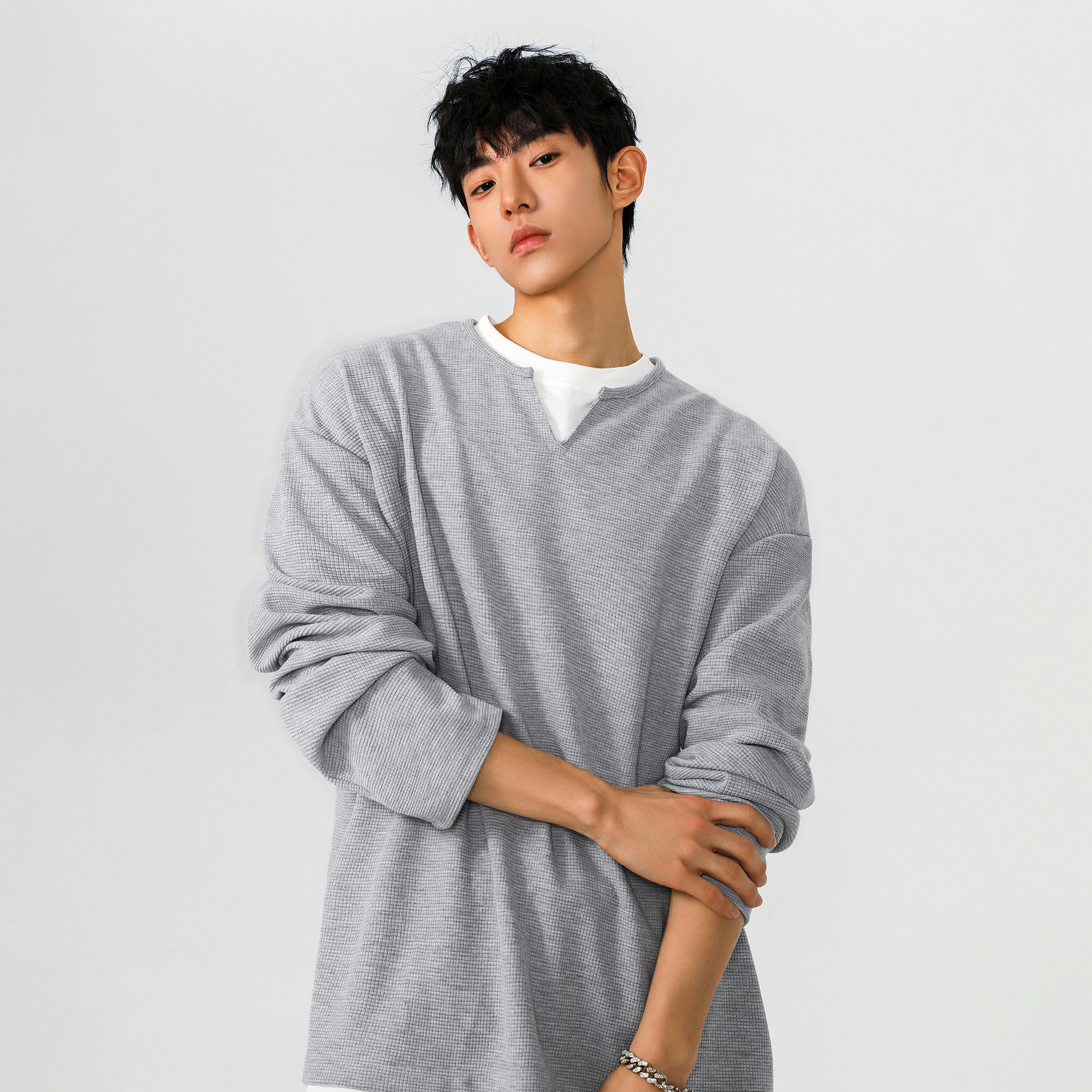 胖胖哥美式撞色假两件V领卫衣男秋季设计感叠穿打底衫大码长袖T恤