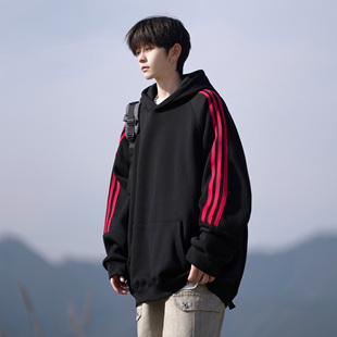 胖胖哥三条杠连帽卫衣男春季重磅大码痞帅帽衫潮牌宽松外套