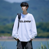 胖胖哥美式 打底卫衣上衣潮 宽松重磅长袖 字母纯棉白T恤男春季 大码