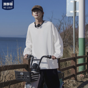 t恤男士 宽松休闲体恤衫 春季 大码 日系复古百搭打底衫 胖胖哥长袖