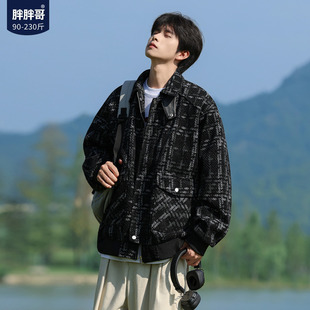 胖胖哥小香风毛呢外套男款春季美式复古酷飒大码宽松千鸟格夹克潮