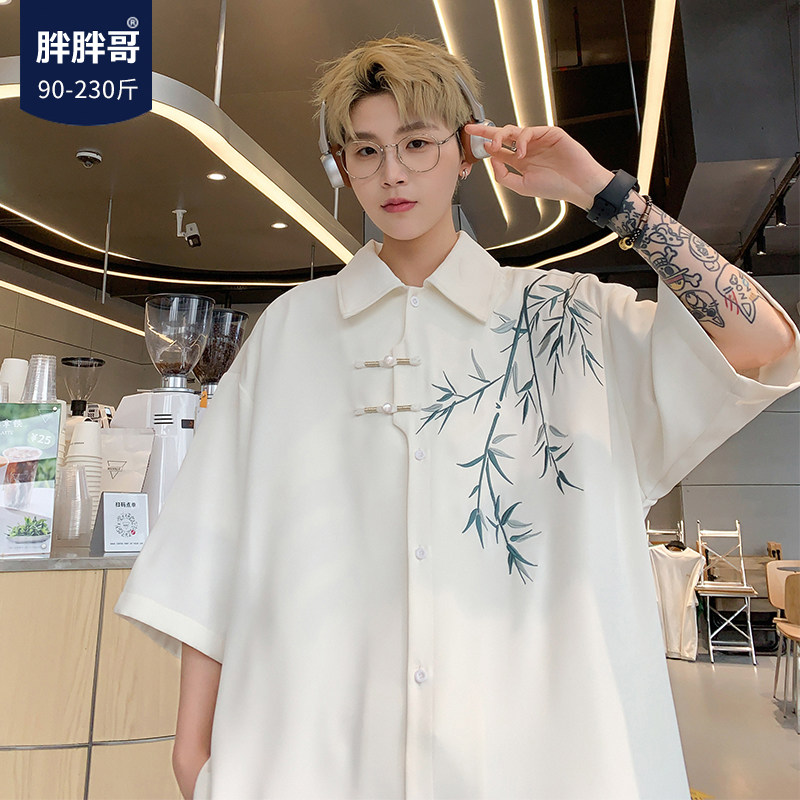 胖胖哥翻领短潮刺绣短袖衬衫图片
