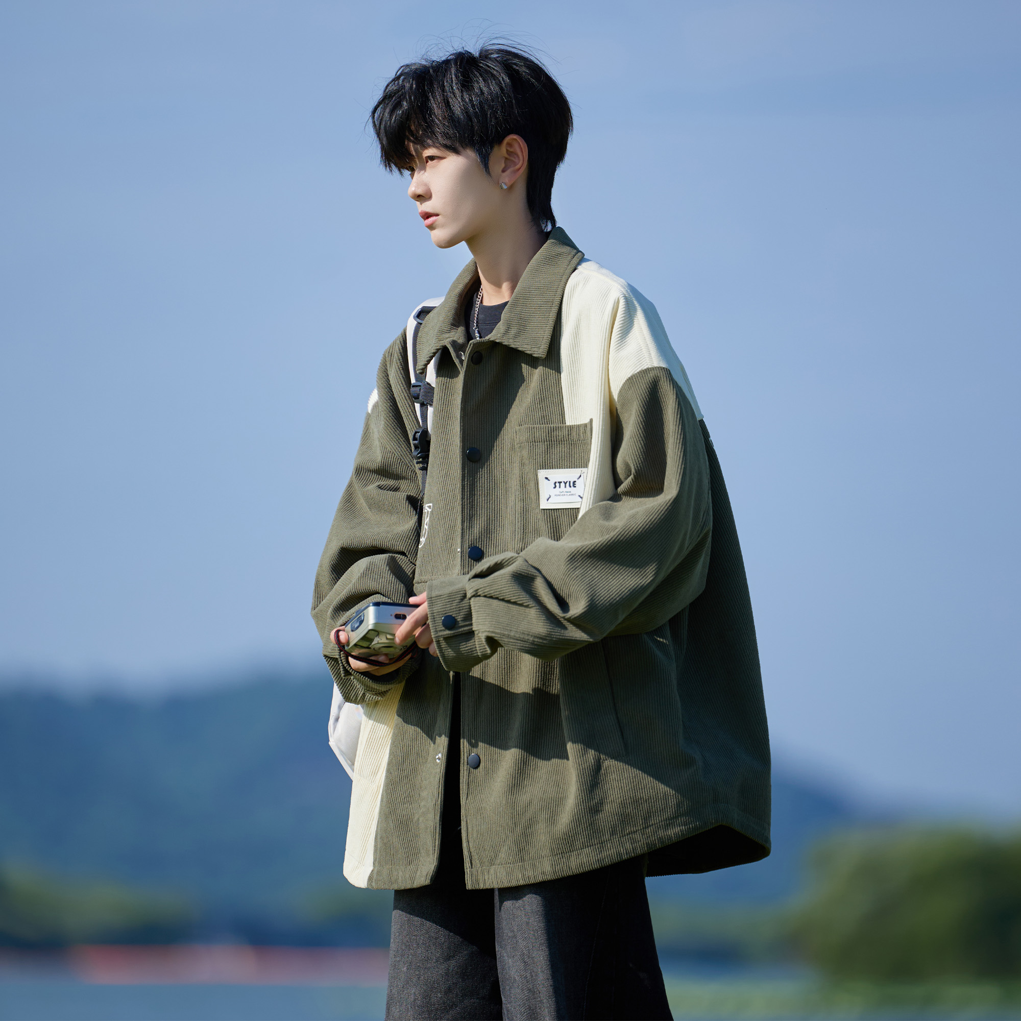 胖胖哥灯芯绒撞色拼接夹克外套男款秋季2025新款衬衫大码宽松衣服