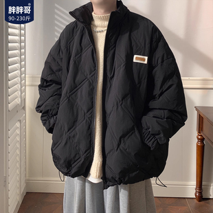 胖胖哥潮牌菱形格立领棉服男生冬季大码宽松棉衣胖子保暖棉袄外套