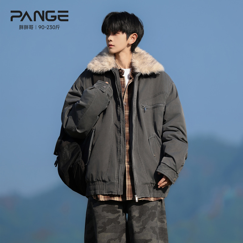 胖胖哥美式复古牛仔棉服冬季潮流新款毛领大码宽松设计感棉衣外套