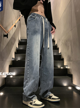 胖胖哥美式复古牛仔裤男款春季黑色直筒水洗阔腿长裤大码宽松裤子