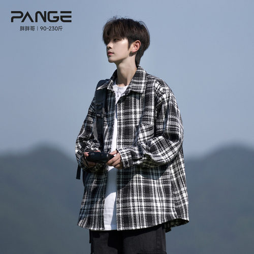 胖胖哥翻领长袖潮格子衬衫大码