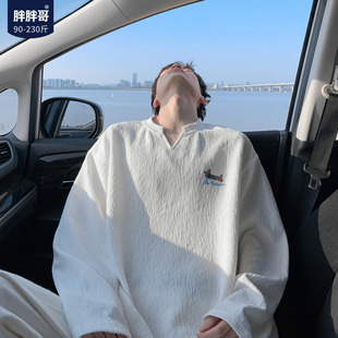 T恤大码 百搭打底衫 男春季 刺绣长袖 潮 新款 胖胖哥腊肠狗肌理感长袖