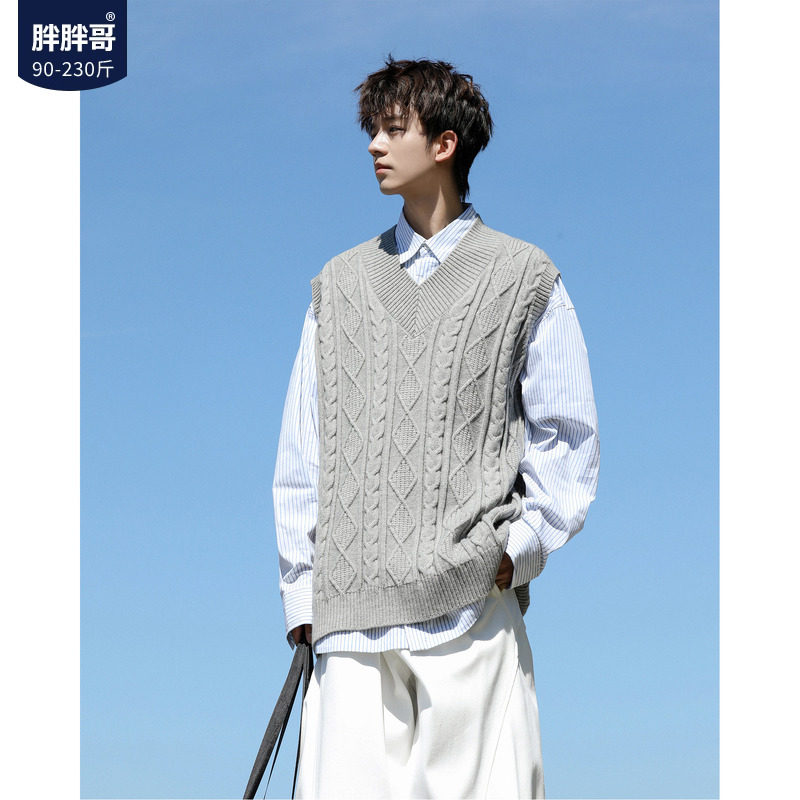 胖胖哥日系V领麻花针织马甲男款春季简约大码宽松休闲宽松背心