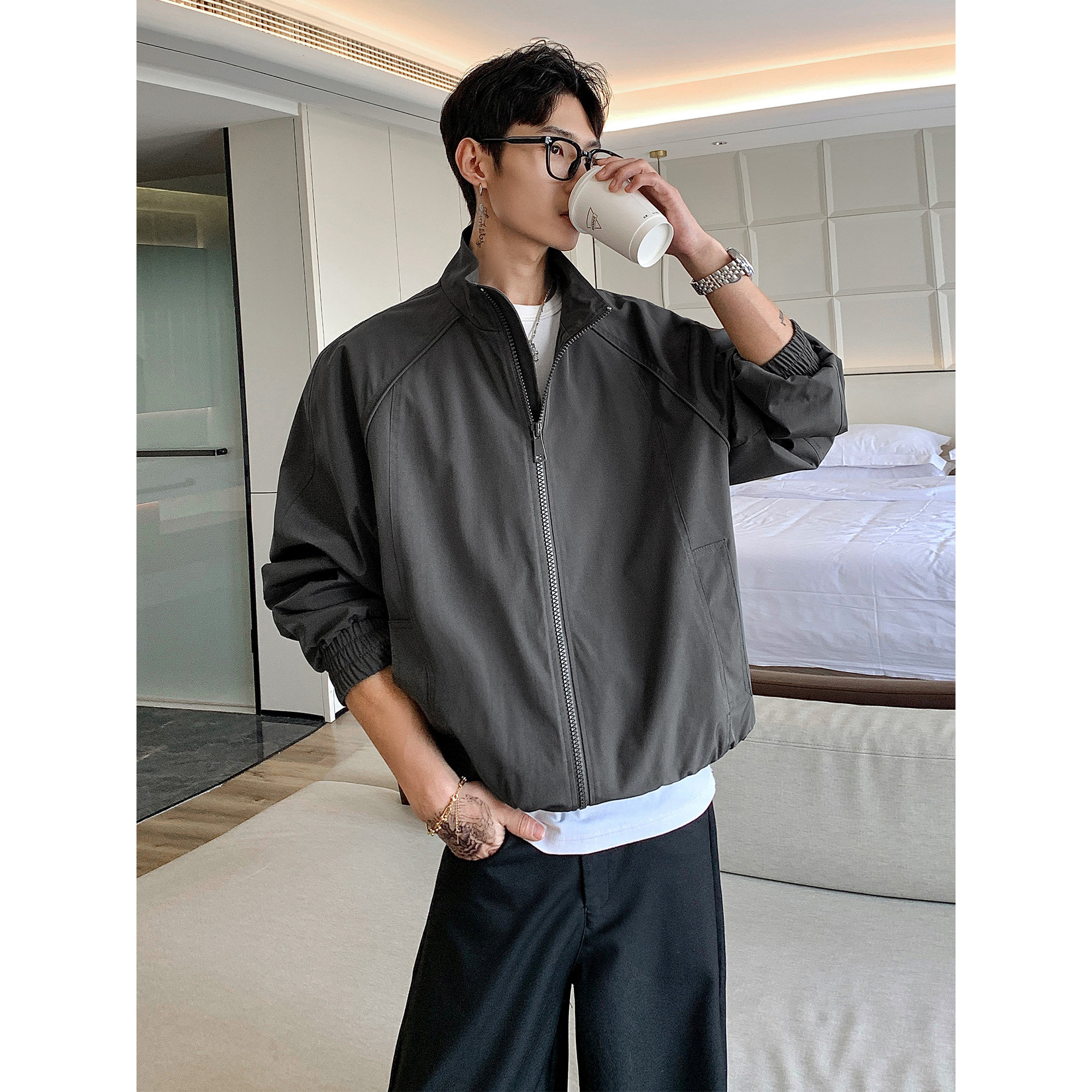 胖胖哥深灰色美式boxy教练夹克男春季潮牌大码宽松款立领飞行外套