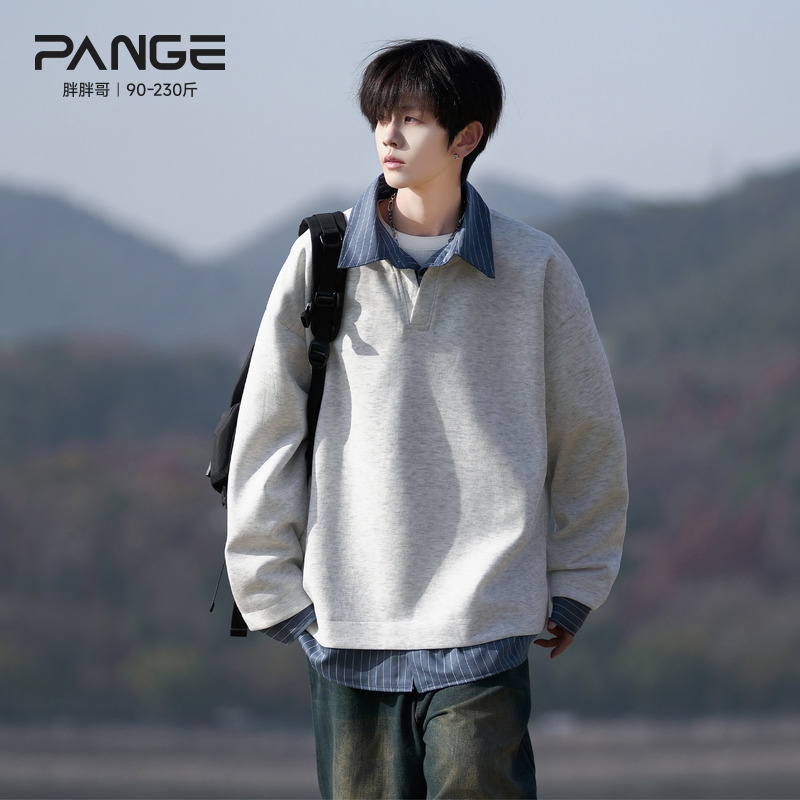 日系polo领假两件撞色卫衣男秋季2025衬衫领条纹大码宽松男生上衣