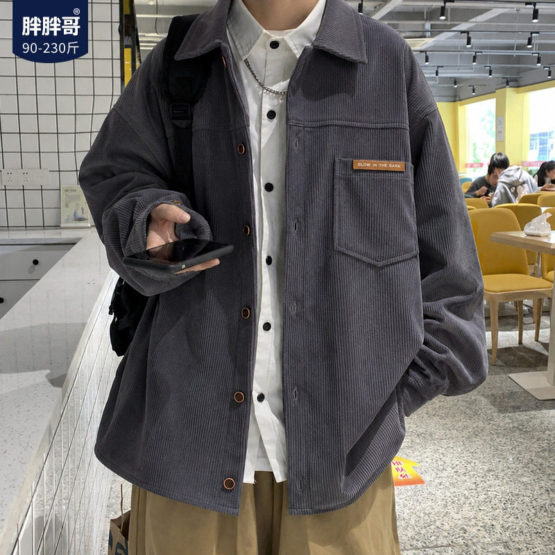 日系工装灯芯绒大码男长袖衬衫秋图片