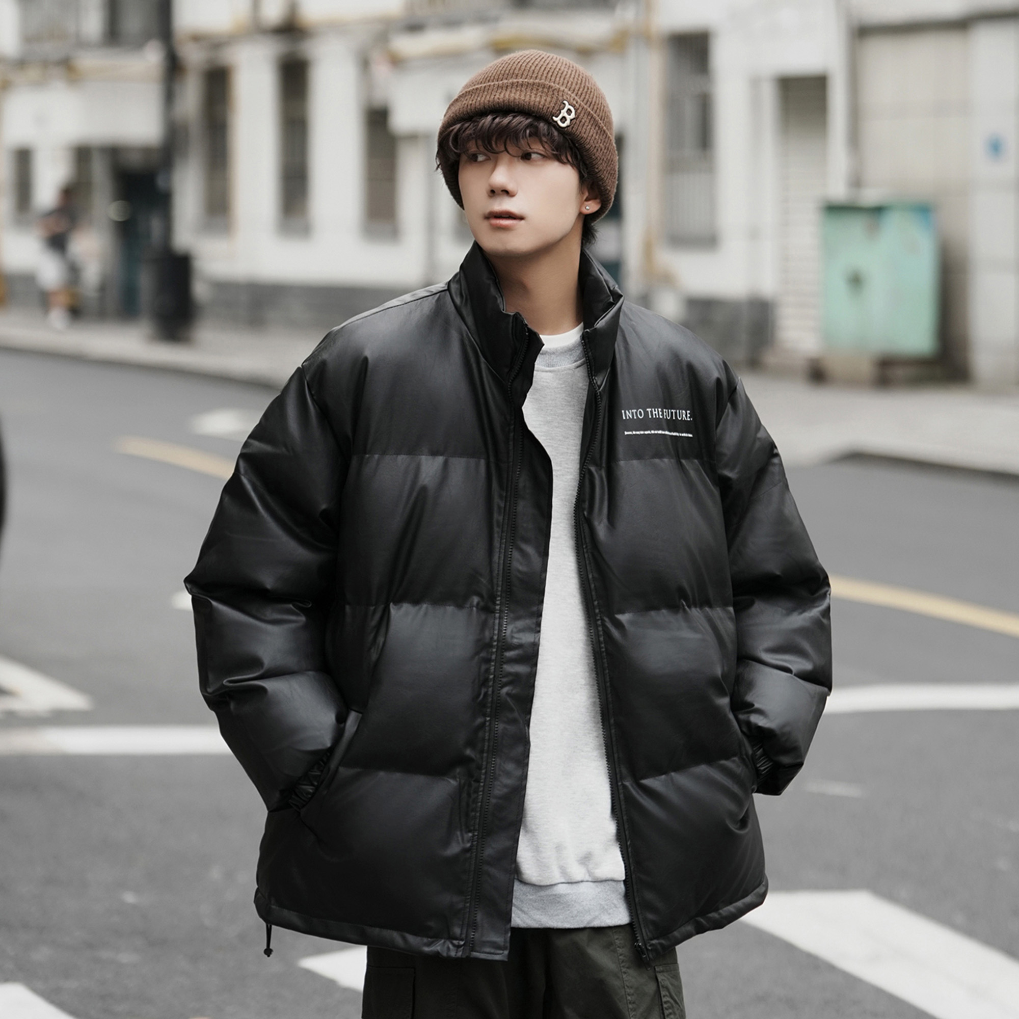 胖胖哥PU皮立领棉衣男冬季加厚宽松大码面包羽绒棉服冬装袄子外套