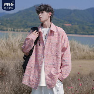 宽松长袖 大码 慵懒感衬衣外套潮 男春季 胖胖哥肌理感泡泡纱格子衬衫