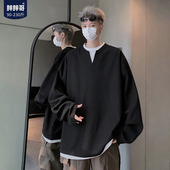 宽松内搭打底衫 潮牌肌理感上衣大码 t恤男生春季 胖胖哥假两件长袖