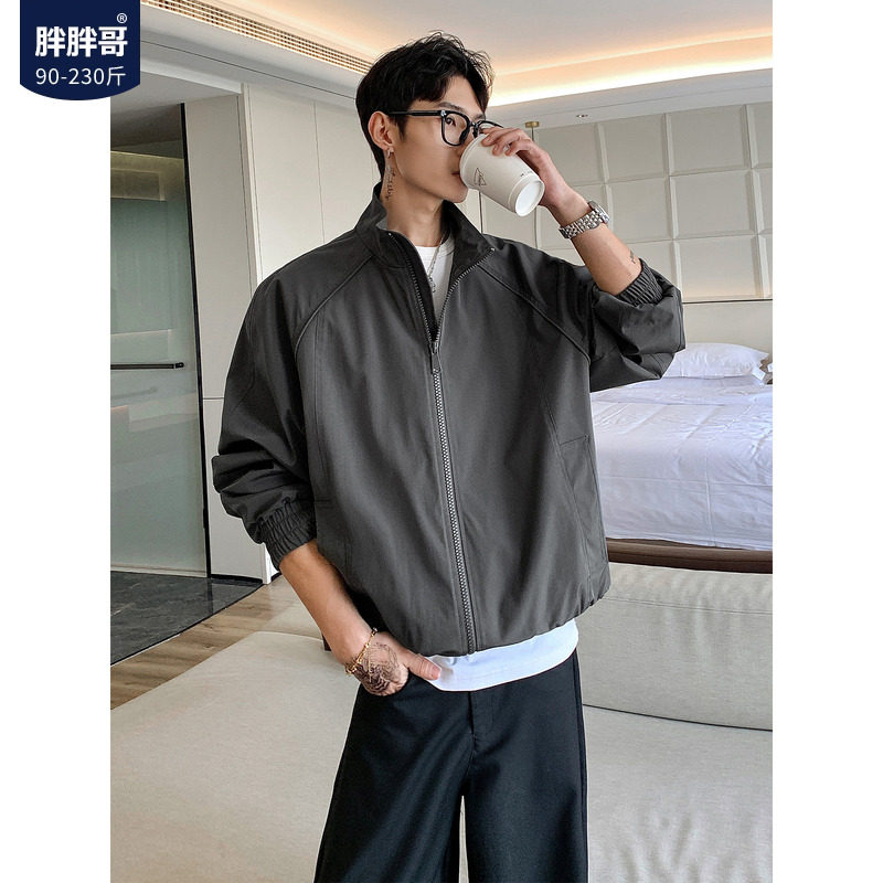 胖胖哥深灰色美式boxy教练夹克男秋季潮牌大码宽松款立领飞行外套