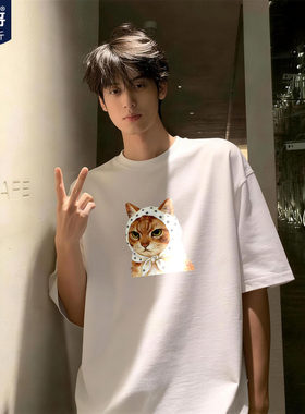 胖胖哥美式星星围巾猫短袖T恤男夏季纯棉圆领大码宽松五分袖半袖