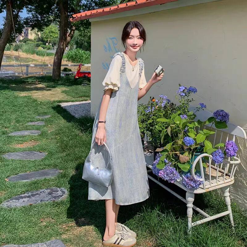 背带裙两件套女夏季扎染连衣裙新时尚套装