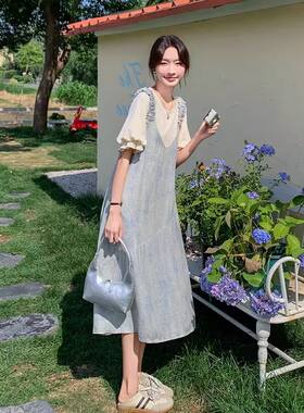 背带裙两件套女夏季扎染连衣裙新款宽松减龄显瘦文艺清新通勤大摆