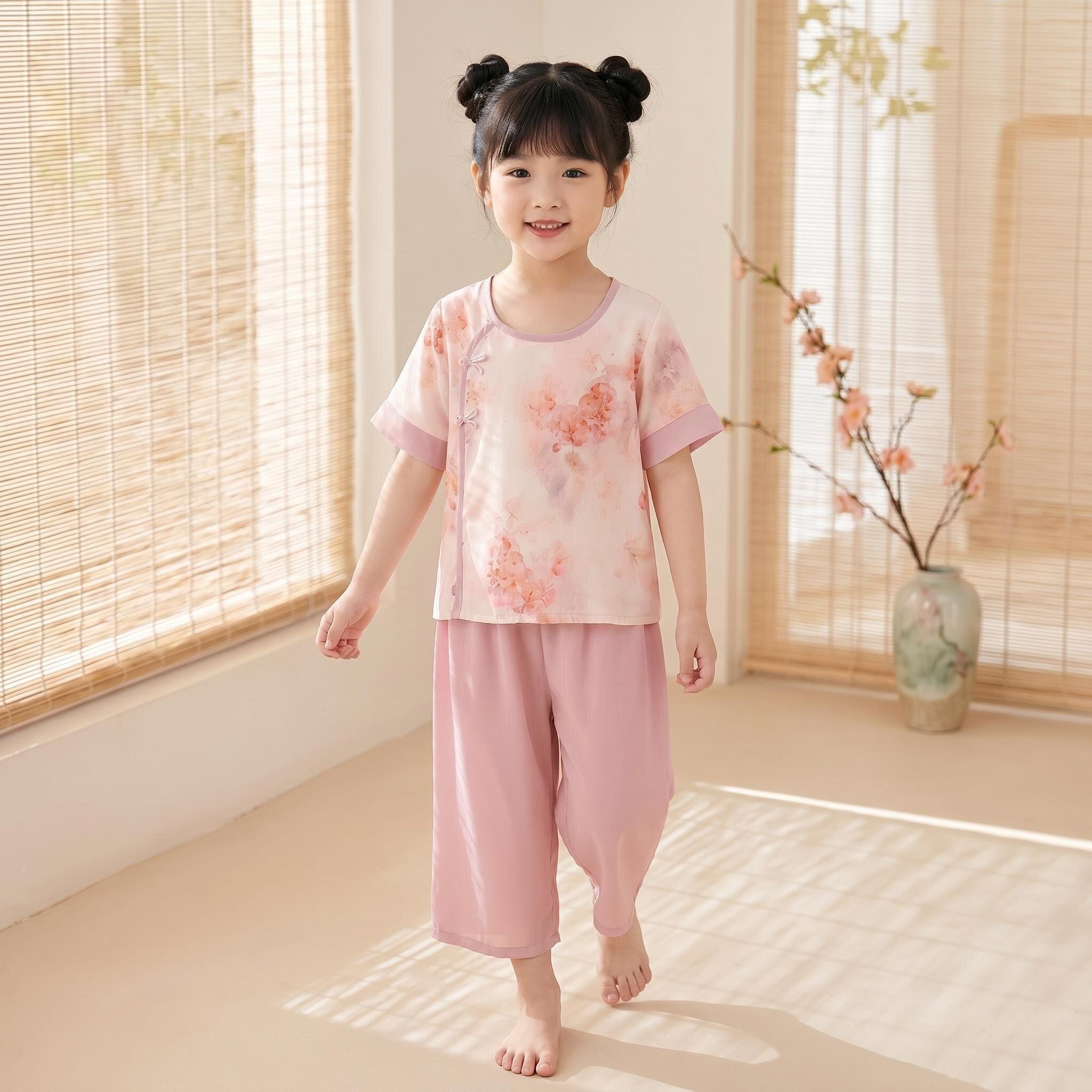 女童夏季绵绸新中式家居服套装