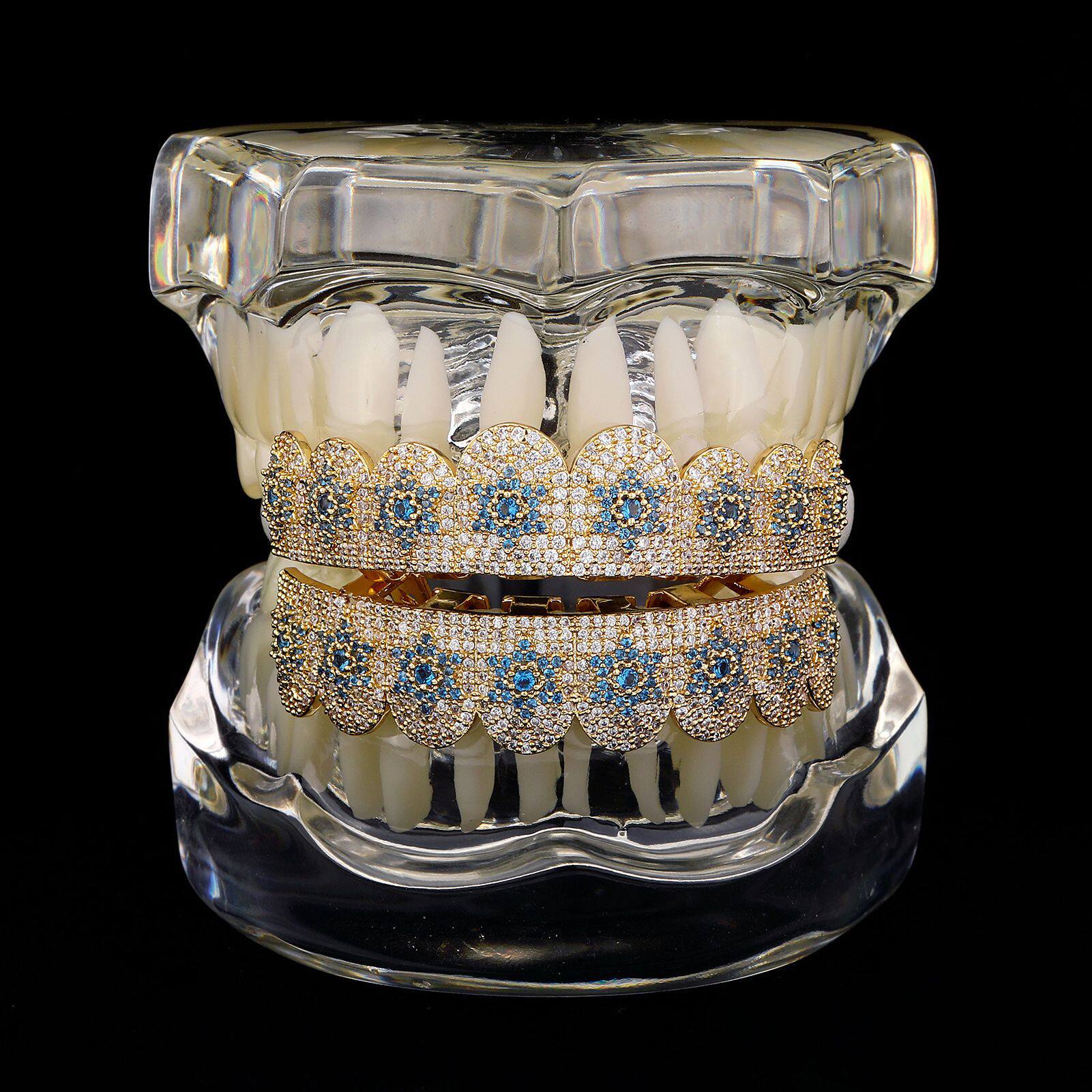欧美嘻哈蓝钻星星牙套满锆潮男说唱teeth grills大金牙假牙配饰品