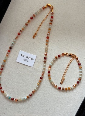 彩色多巴胺碧玺石串珍珠夏天小项链配饰女2025新款叠戴锁骨链颈链