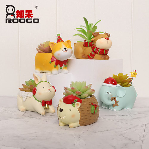 创意萌宠圣诞日多肉花盆刺猬兔子驯鹿大象猫咪柯基树脂小盆栽花器