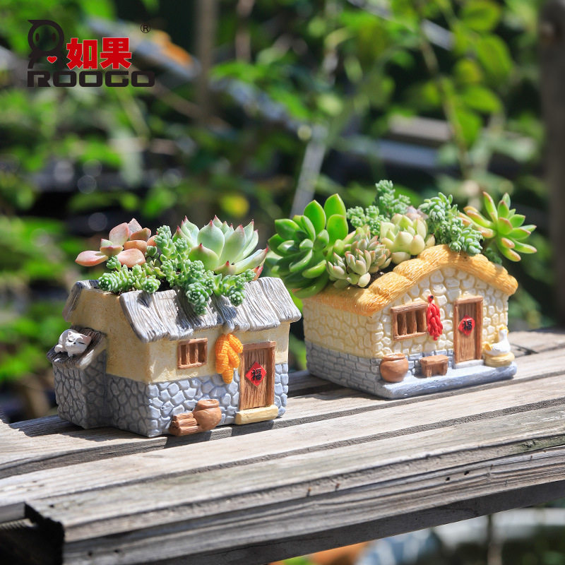 创意田园仿真房屋树脂多肉花盆茅草屋小木屋乡村阳台园艺桌面花器