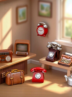 微景观复古电话闹钟皮包打印机收音机电视机水壶diy娃屋配件迷你