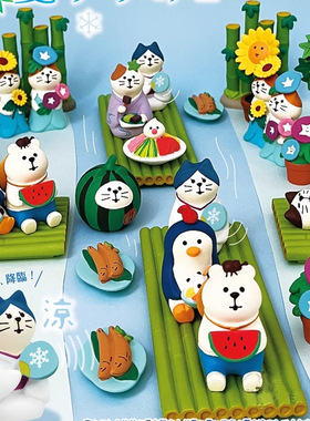 夏日系列日式西瓜猫潮玩手办车载牵牛花盲盒装饰竹筏竹子小摆件