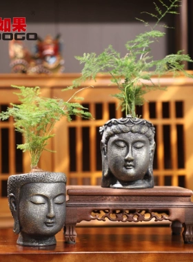 创意净土生香佛首树脂花盆佛头桌面装饰盆栽摆件中式古风园艺花器