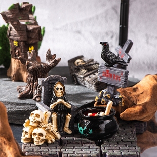 万圣节小摆件骷髅头棺材墓碑复活鬼节恐怖巫师乌鸦摆件桌面微景观