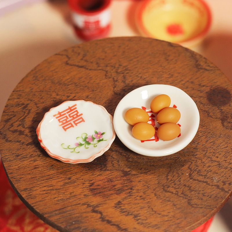 中国风娃娃屋微缩玩具微景拍摄道具迷你陶瓷双喜碟子餐具模型OB11