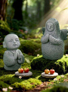 微景观卡通可爱苔藓造景海拉鲁女神和尚石像布景树脂工艺品小摆件